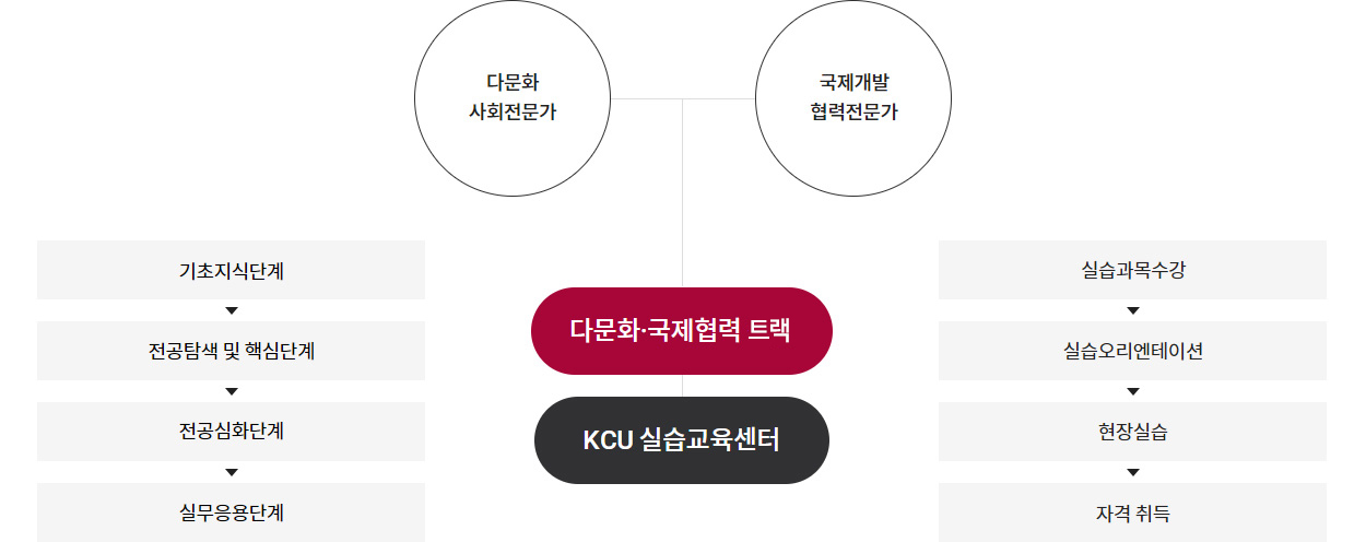 다문화·국제협력트랙은 KCU실습교육센터와 함께 기초지식, 전공탐색 및 핵심, 전공심화, 실무응용단계의 이론 수업과 실습과목수강, 실습오리엔테이션, 현장실습, 자격취득의 실습을 진행한다.